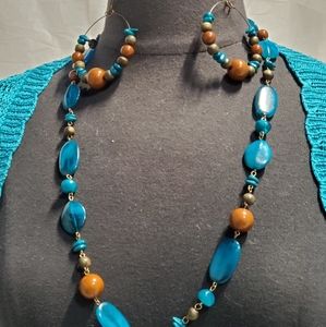 Turquoise and brown earrings and necklace set.